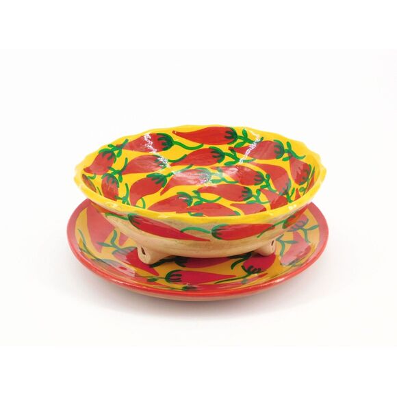 Hand Painted Pottery Bowl Plate Set Red Chili Peppers - Picture 4 of 6
